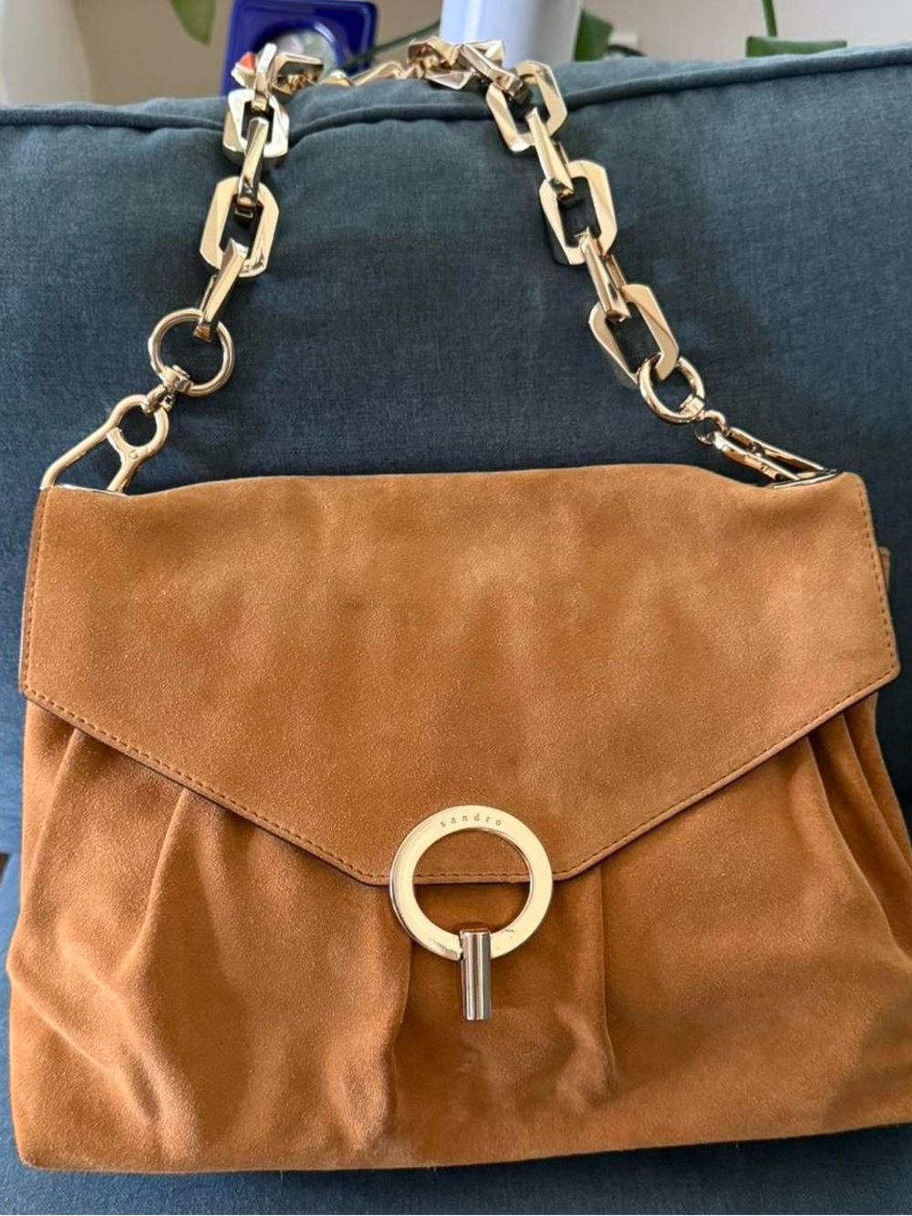 Sandro Suede Shoulder Bag with Gold Chain Strap